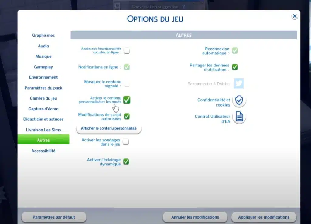 Options de jeu, Autres